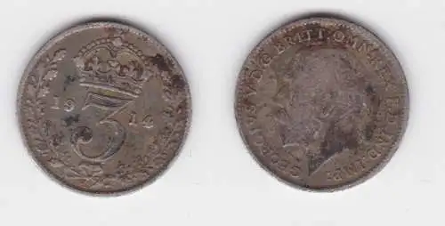 3 Pence Silber Münze Großbritannien George V. 1914 ss (152560)