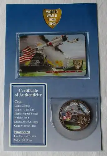 Münze Liberia 10 Dollar 2001 CuNi + Telefonkarte Pearl Harbor 7.12.1941 (134757)