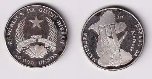 10000 Pesos Silber Münze Guinea Bissau Elefant 1993 PP (166240)