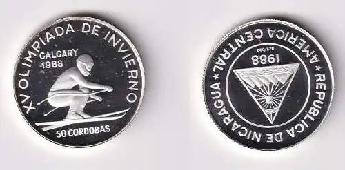 50 Cordobas Silber Münze Nicaragua Olympiade Calgary 1988 Abfahrt PP (166390)
