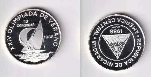 50 Cordobas Silber Münze Nicaragua Olympiade Seoul 1988 Segeln PP (166105)