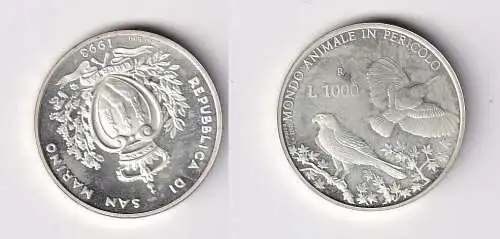 1000 Lire Silber Münze San Marino 1993 Gefährdete Tierwelt Falke Specht (143905)