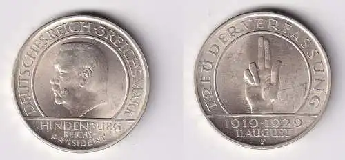Silber Münze 3 Mark Verfassung "Schwurhand" 1929 F vz (149532)