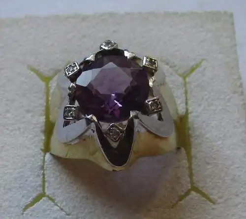 hochwertiger 585er Gold Ring mit 6 Diamanten + Amethyst 9,8g (162294)