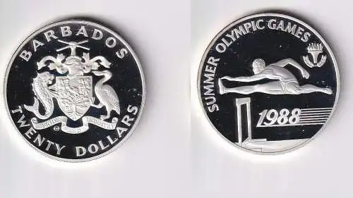 20 Dollar Silber Münze Barbados 1988 Sommer Olympiade Hürdenlauf PP (166249)