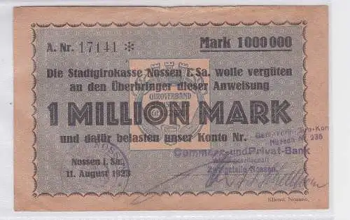 1 Million Mark Banknote Stadtgirokasse Nossen 11.08.1923 (118915)
