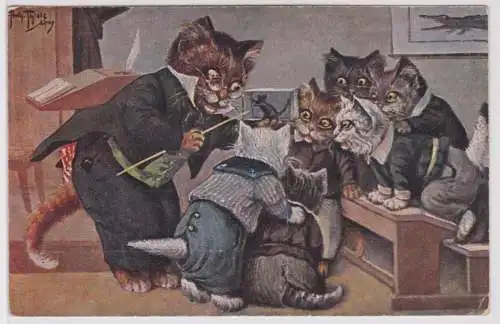 51074 Arthur Thiele Künstler Ak Katzen Schule "Anschauungsunterricht" um 1910