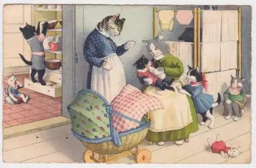 12812 Humor Ak Katzenfamilie zu Hause mit Kinderwagen 1951