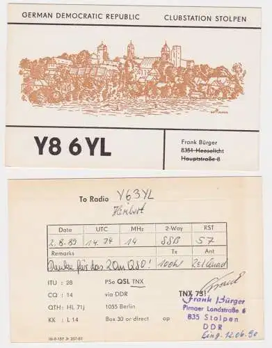 75309 QSL Karte Amateur Funker DDR Clubstation Stolpen mit Ortsansicht 1989