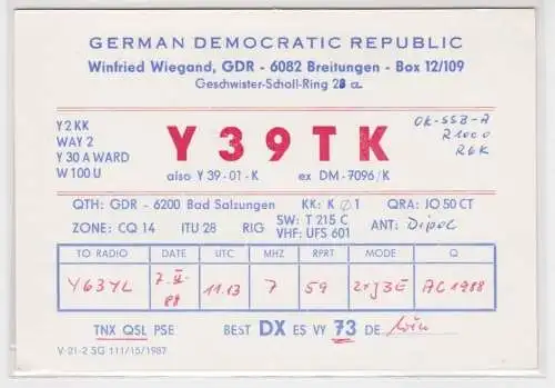 68894 QSL Karte Amateur Funker DDR Breitungen 1988