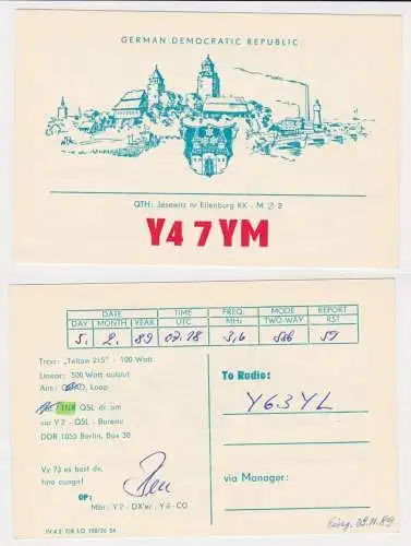 51563 QSL Karte Amateur Funker DDR Eilenburg Stadtansicht und Wappen 1989