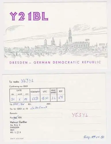 53856 QSL Karte Amateur Funker DDR Dresden Stadtansicht 1989