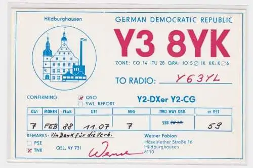 64794 QSL Karte Funker Funkamateur DDR Hildburghausen mit Ortswappen ? 1988