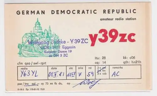 59372 QSL Karte Amateur Funker DDR Eggesin mit Stadtansicht 1981