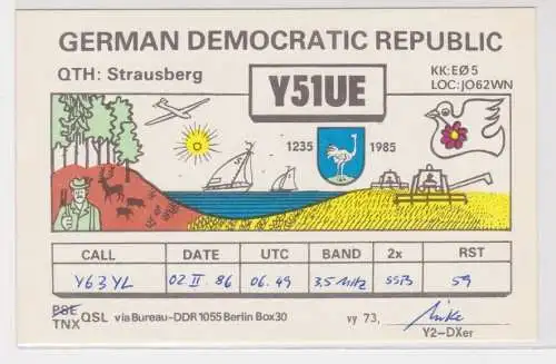 64534 QSL Karte Amateur Funker DDR Strausberg mit Stadtwappen 1985