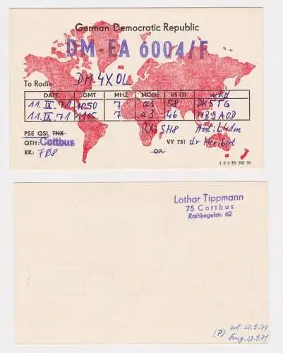 74669 QSL Karte Amateur Funker DDR Cottbus mit Weltkarte 1971