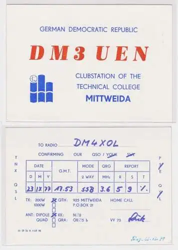 57930 QSL Karte Amateur Funker DDR Clubstation Technical College Mittweida 1977