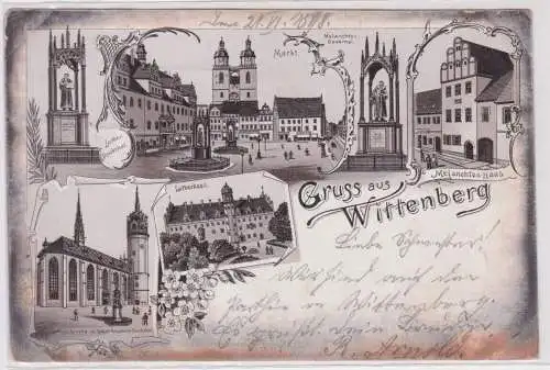 82680 Lithographie Ak Gruss aus Wittenberg - Markt, Denkmal, Lutherhaus usw 1899