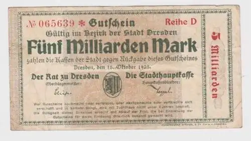 5 Milliarden Mark Banknote Stadthauptkasse Dresden 15.10.1923 (162229)