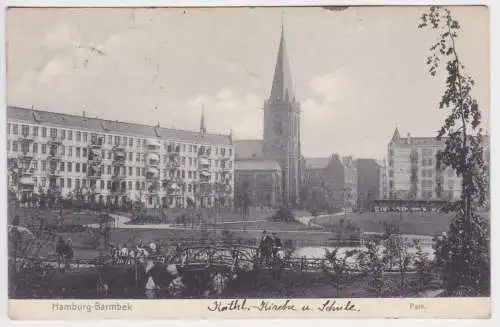 900219 Ak Hamburg - Barmbek - Park mit Teich, Heiligengeistkirche 1910