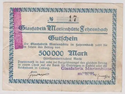500000 Mark Banknote Glasfabrik Marienhütte Fehrenbach (o.D.) 1923 (161863)