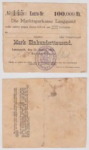 100000 Mark Banknote Marktsparkasse Langquaid 15.August 1923 (161681)