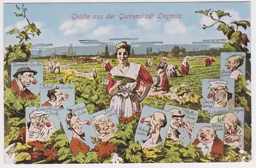 27545 Humor Ak Gruss aus der Gurkenstadt Liegnitz Legnica um 1920