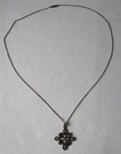 versilberte Damen Halskette mit Anhänger Kreuz mit vielen Steinen (161228)