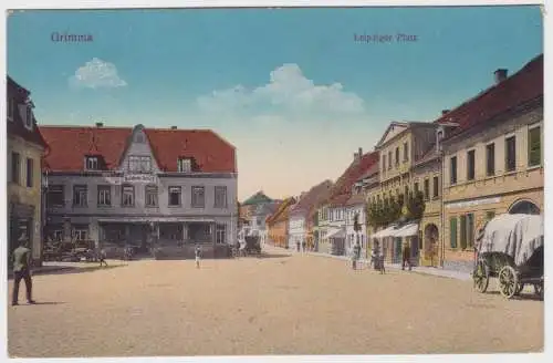 97514 Ak Grimma Leipziger Platz mit Gasthof Goldenes Schiff um 1915