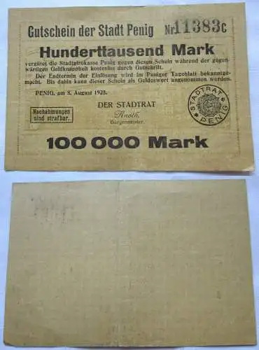 seltene Banknote Inflation 100000 Mark Stadt Penig 8.8.1923 (121484)