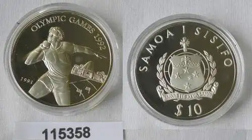 10 Tala Silbermünze Samoa Olympia Barcelona 1992, Kugelstosser 1991 (115358)