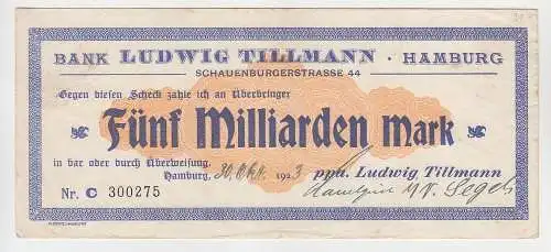 5 Milliarden Mark Banknote Hamburg Bank Ludwig Tillmann 30.10.1923 (115870)