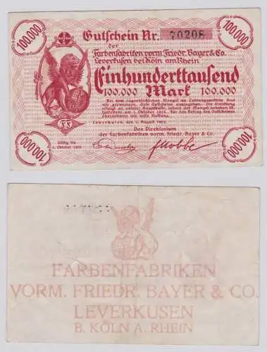 100000 Mark Banknote Farbenfabriken Bayer Leverkusen bei Köln 1.8.1923 (153016)