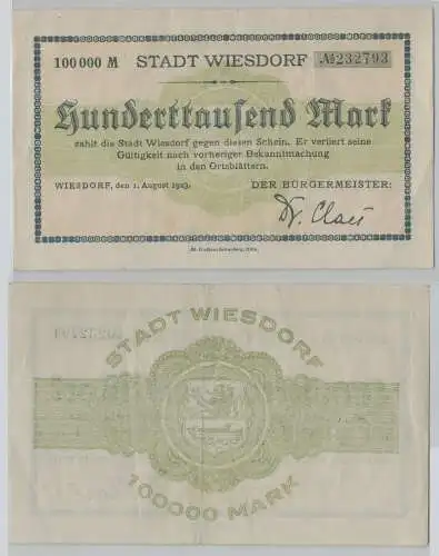 100000 Mark Banknote Stadt Wiesdorf 1.August.1923 (153229)