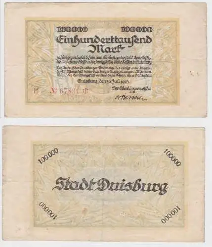 100000 Mark Banknote Inflation Stadt Duisburg 30.Juli 1923 (153912)