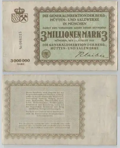 3 Millionen Mark Banknote München Berg, Hütten und Salzwerke 14.08.1923 (153800)