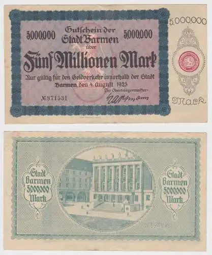 5 Millionen Mark Banknote Stadt Barmen 4.8.1923 (152429)