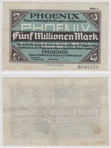 5 Millionen Mark Banknote Düsseldorf Phoenix AG für Bergbau 1923 (153828)