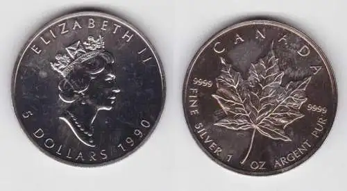 5 Dollar Silber Münze Canada Kanada Maple Leaf 1990 1 Unze Feinsilber (135304)