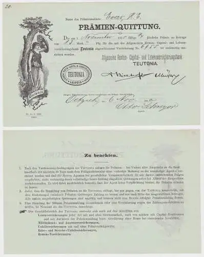 Prämien-Quittung Renten- & Lebensversicherungsbank Teutonia Leipzig 1900 /132762