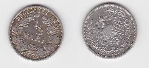 1/2 Mark Silber Münze Deutsches Reich 1908 G  (130053)
