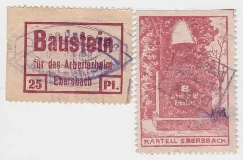 2 seltene Spenden Marken Baustein für das Arbeiterheim Ebersbach um 1920 (35043)