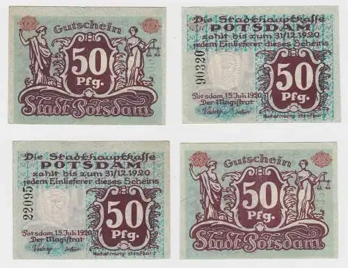 2 x 50 Pfennig Banknoten Stadthauptkasse Potsdam 15.Juli 1920 (132888)
