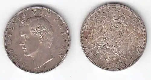 3 Mark Silber Münze Bayern König Otto 1910 (110668)
