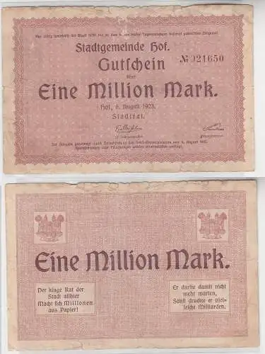 1 Million Mark Banknote Inflation Stadtgemeinde Hof 6.August 1923 (113510)