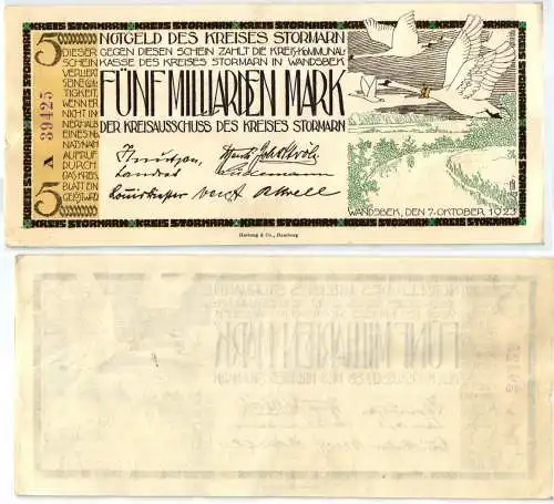 5 Milliarden Mark Banknote Inflation Kreis Stormarn 25.9.1923 (121671)