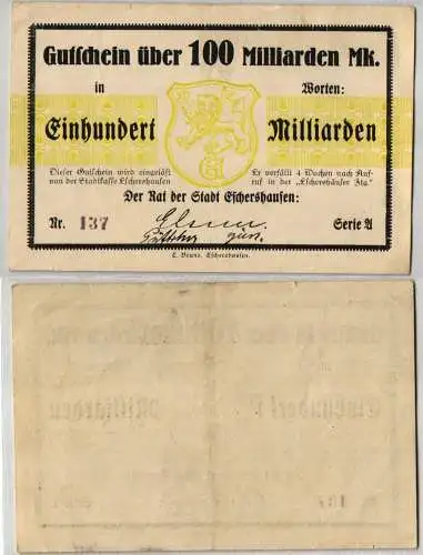 100 Milliarden Mark Banknote Inflation Stadt Eschershausen 1923 (120981)