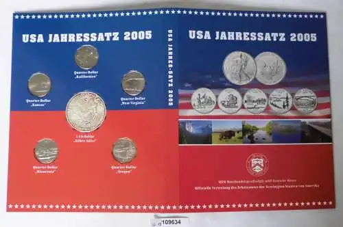 USA Jahressatz 2005 mit 1 Dollar Silber Unze in Stempelglanz (109634)