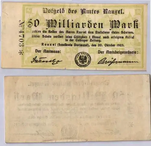 50 Milliarden Mark Banknote Inflation Amt Rauxel 20.10.1923 (123020)
