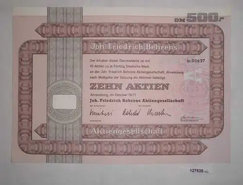 10 Aktien zu 50 Mark J.Friedrich Behrens AG Ahrensburg Oktober 1977 (127535)